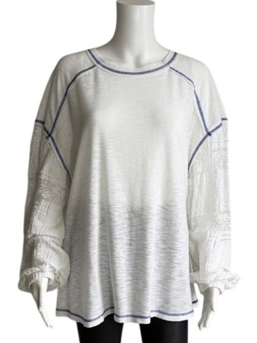 POL Round Neck Contrast Stitching Lace Sleeve Top Size S